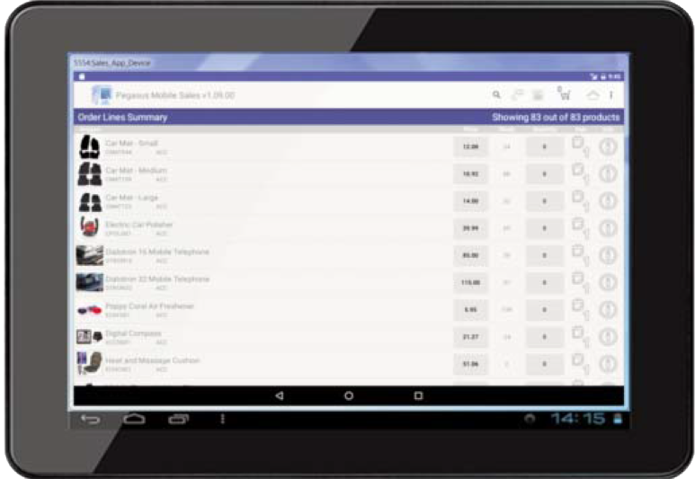 Original Pegasus Mobile Sales tablet showing an order-line summary