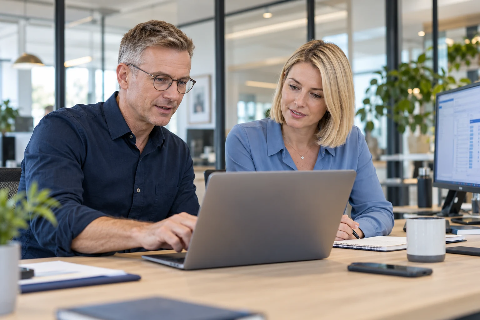 Two colleagues reviewing a cloud migration plan on a laptop