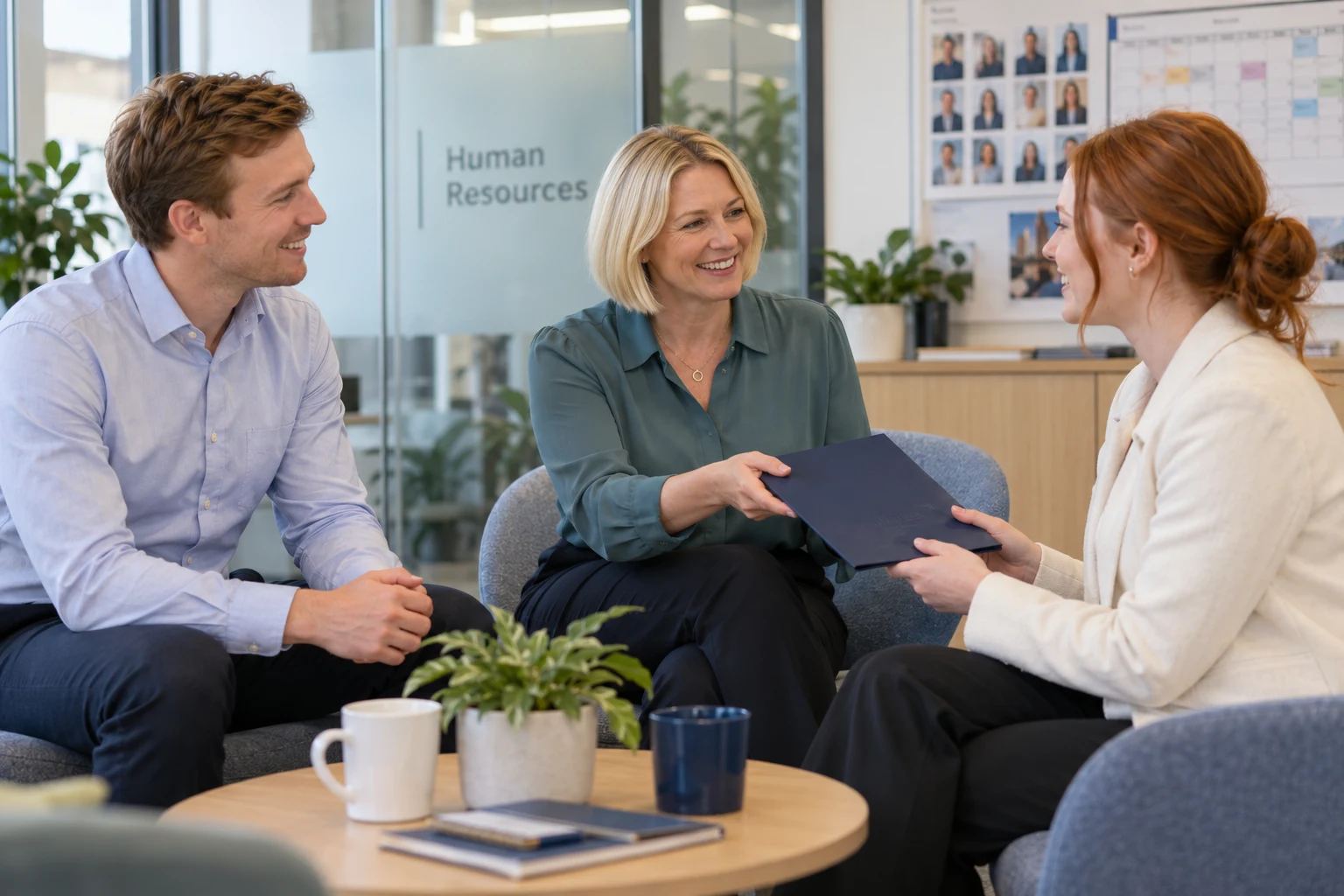 HR colleagues welcoming a new team member in a human resources office