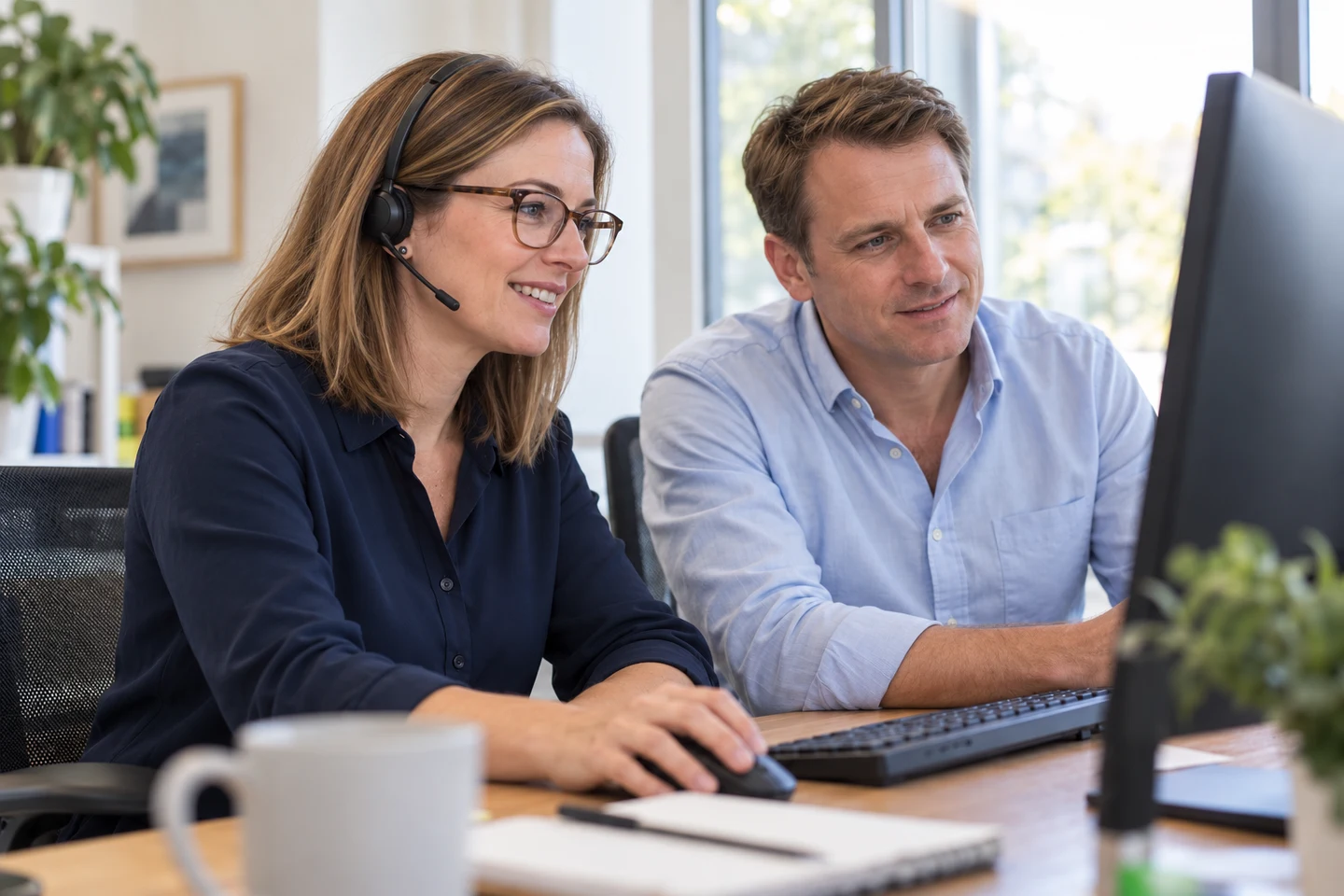 Illustrative support colleagues solving a problem together
