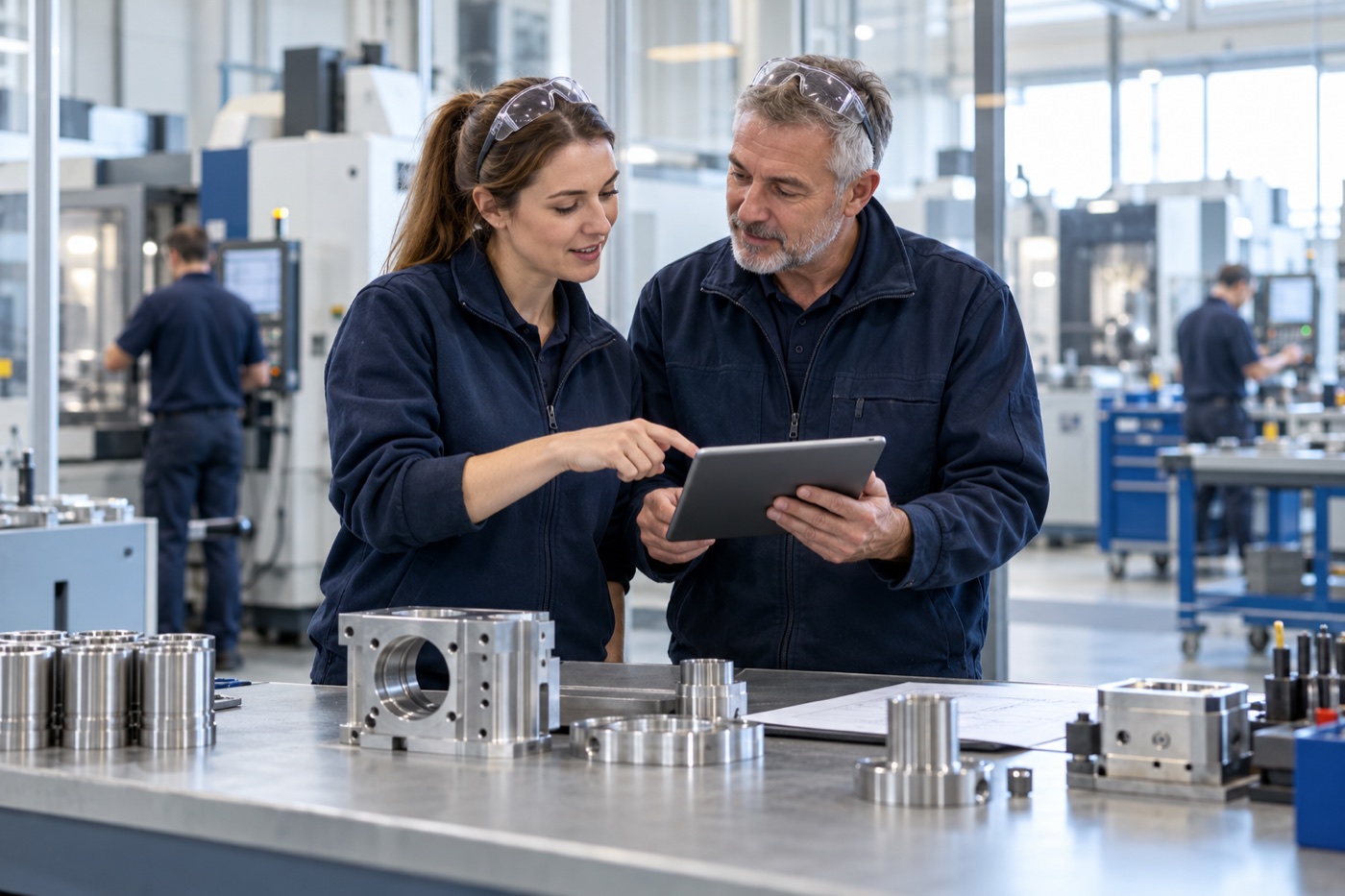 Illustrative manufacturing colleagues planning production in a workshop