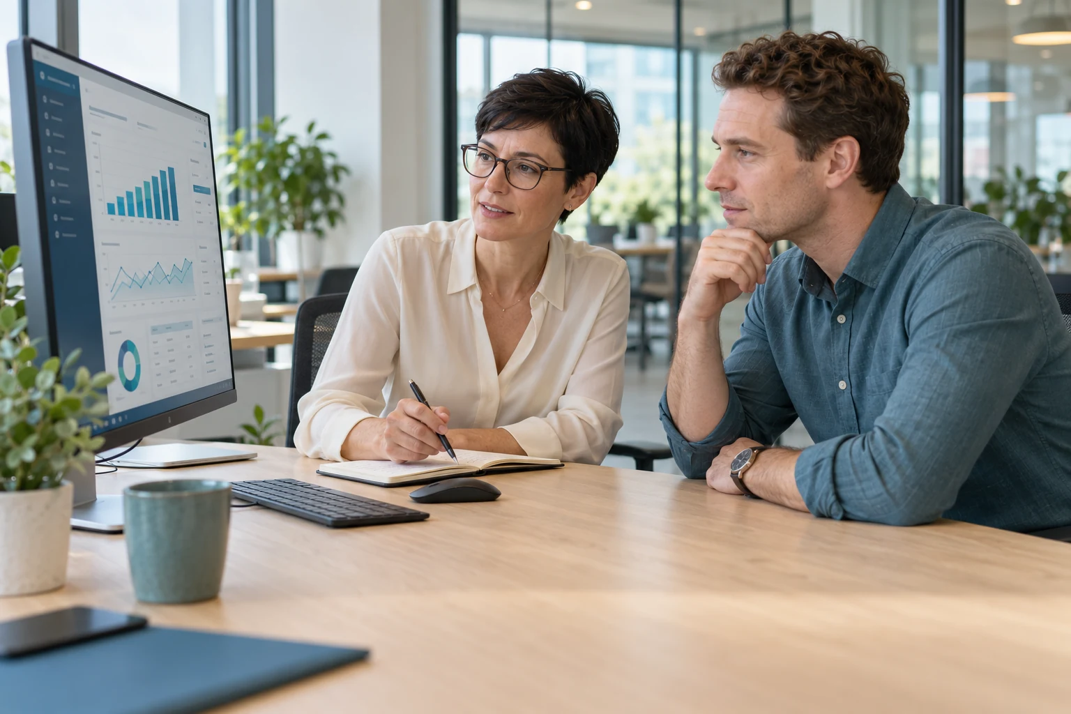 A finance manager and consultant reviewing accounting reports together